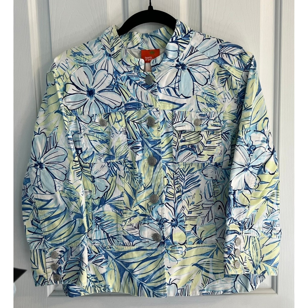 Hearts of Palm Womens 12 3/4 Sleeve Blue Green Floral Tropical Cotton Jacket